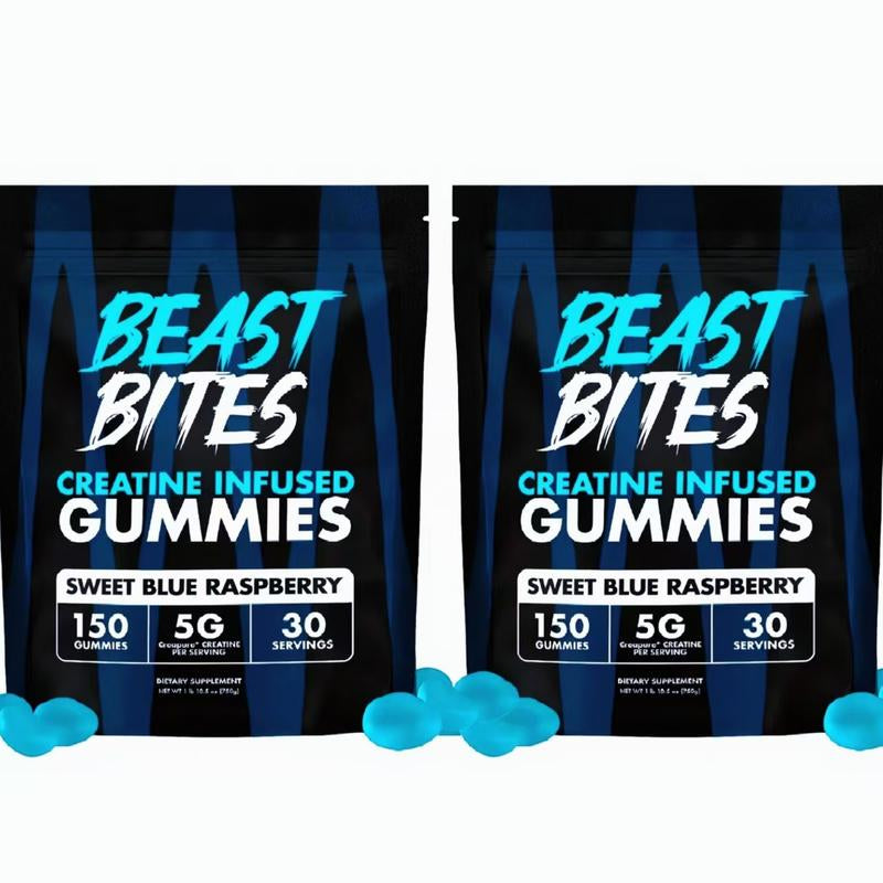 Beast Bites 5G PURE CREATINE GUMMIES 2.Bagmusclegrowth & Strength Booster Sugarfree Pre/Post Workout Supplement Withblueraspberryflavor Fast Absorption for Cym &Fitness 150Servings Healthcare
