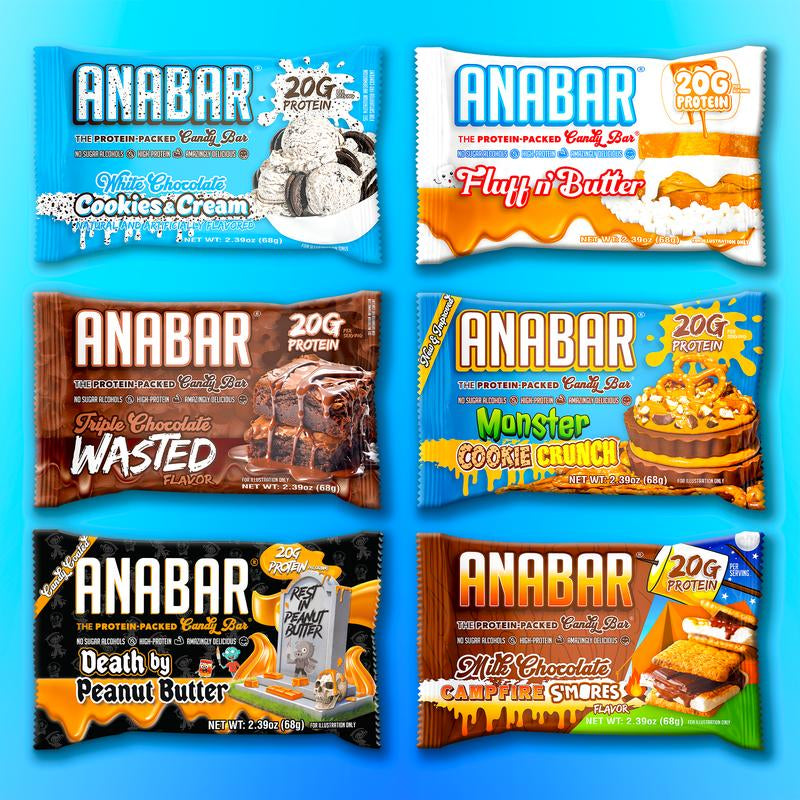 Anabar Variety Pack - 12 Pack/6 Flavors - Best Tasting Protein Bar with 20G Protein & No Sugar Alcohols - Candy Bar Flavor with Protein Bar Nutrition - Snack