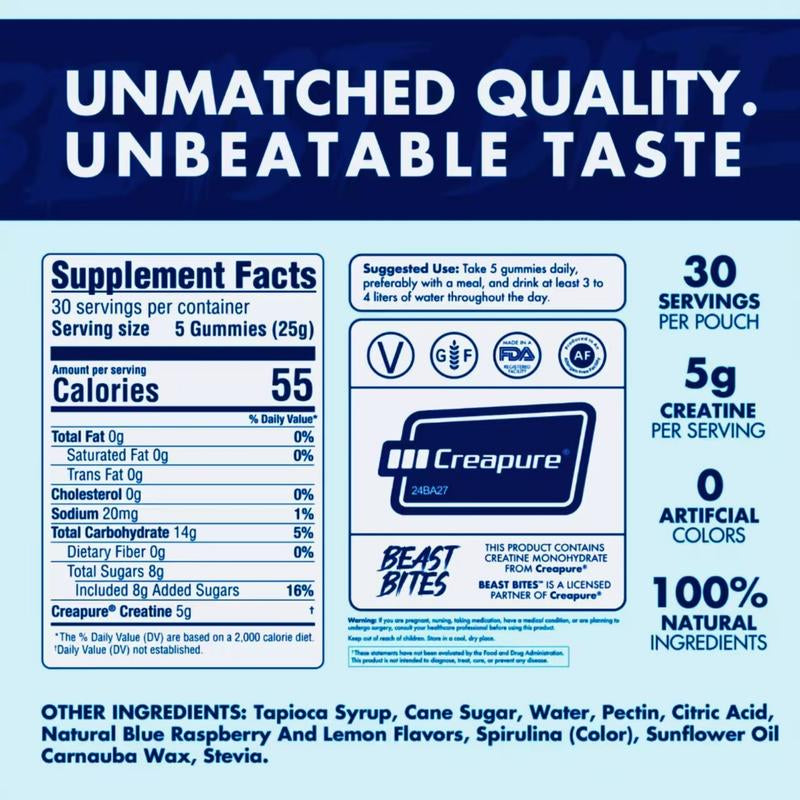 Beast Bites 5G PURE CREATINE GUMMIES 2.Bagmusclegrowth & Strength Booster Sugarfree Pre/Post Workout Supplement Withblueraspberryflavor Fast Absorption for Cym &Fitness 150Servings Healthcare