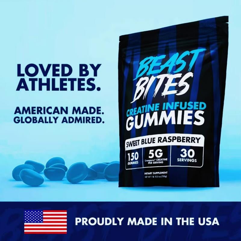 Beast Bites 5G PURE CREATINE GUMMIES 2.Bagmusclegrowth & Strength Booster Sugarfree Pre/Post Workout Supplement Withblueraspberryflavor Fast Absorption for Cym &Fitness 150Servings Healthcare