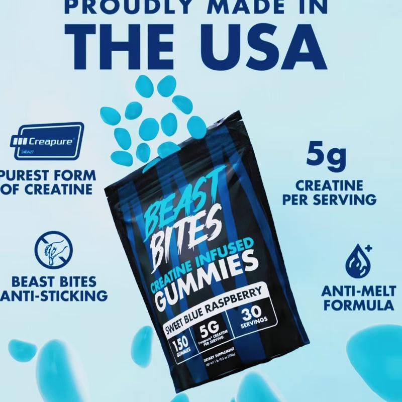 Beast Bites 5G PURE CREATINE GUMMIES 2.Bagmusclegrowth & Strength Booster Sugarfree Pre/Post Workout Supplement Withblueraspberryflavor Fast Absorption for Cym &Fitness 150Servings Healthcare