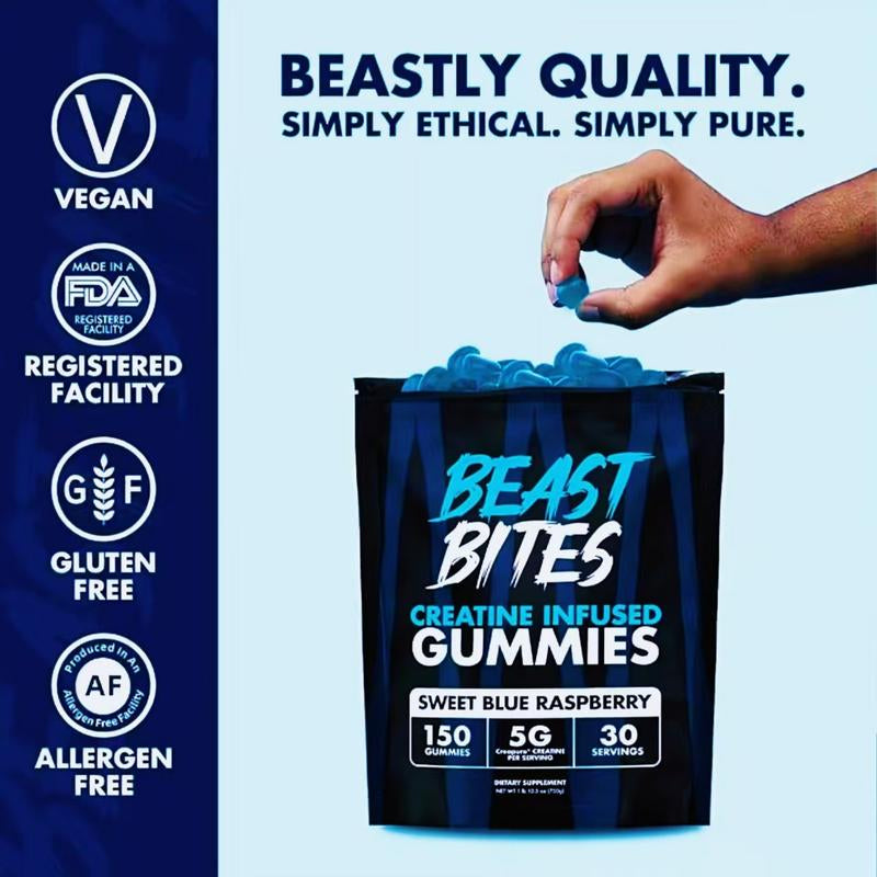 Beast Bites 5G PURE CREATINE GUMMIES 2.Bagmusclegrowth & Strength Booster Sugarfree Pre/Post Workout Supplement Withblueraspberryflavor Fast Absorption for Cym &Fitness 150Servings Healthcare