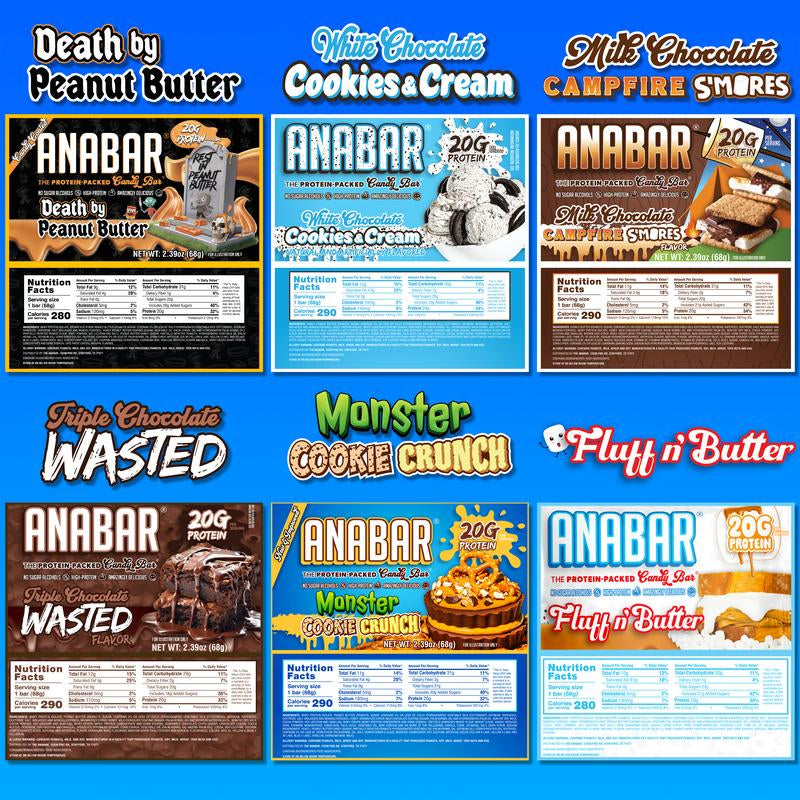 Anabar Variety Pack - 12 Pack/6 Flavors - Best Tasting Protein Bar with 20G Protein & No Sugar Alcohols - Candy Bar Flavor with Protein Bar Nutrition - Snack